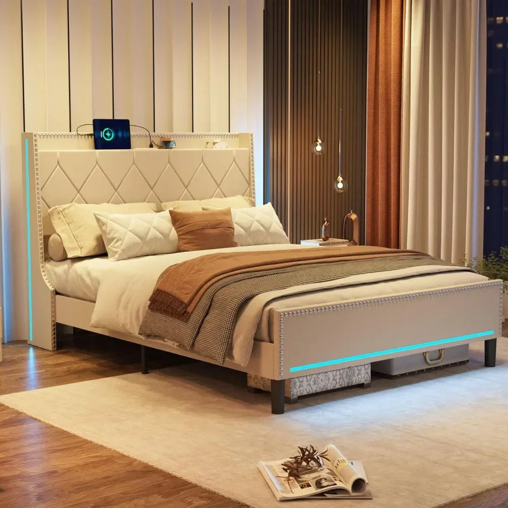Luxury LED Platform Bed with USB Charging & Storage – Full/Queen Size Upholstered Frame