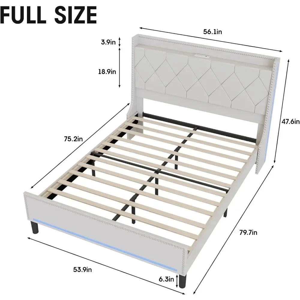 Luxury LED Platform Bed with USB Charging & Storage – Full/Queen Size Upholstered Frame